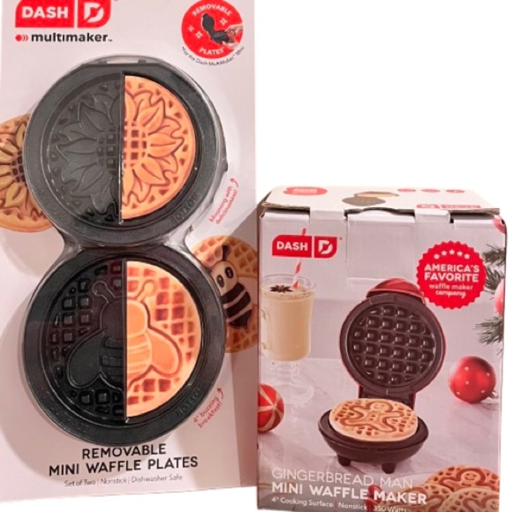 🆕-Dash Gingerbread Man Mini Waffle Maker + Add’l Sunflower & Bee Waffle Plates